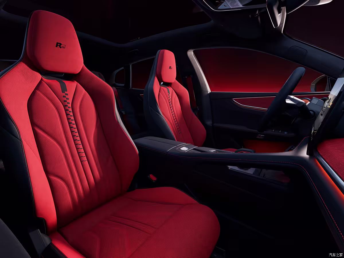 Zeekr 001 Fifth Anniversary Edition black and red interior with suede seats and 16-inch rotating screen