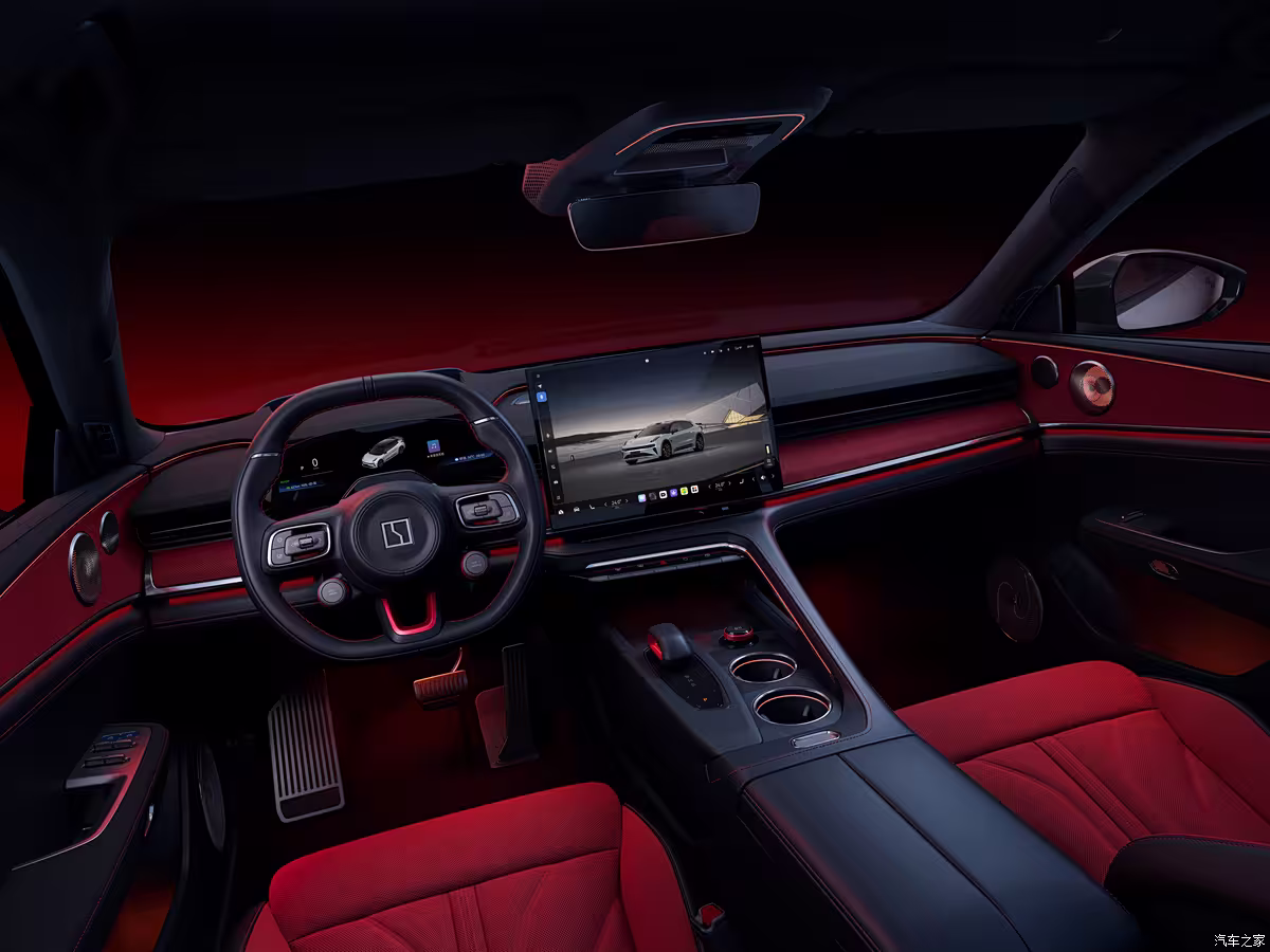 Zeekr 001 Fifth Anniversary Edition black and red interior with suede seats and 16-inch rotating screen