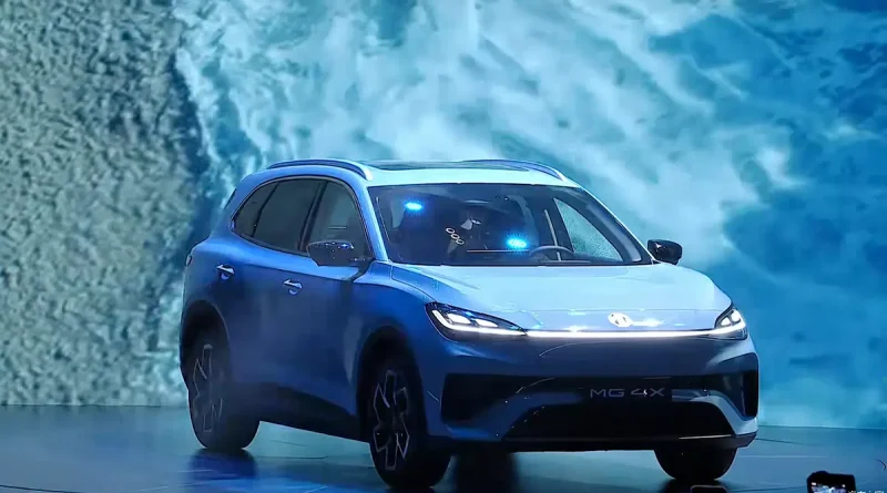 2026 MG 4X electric SUV front view with full-width LED daytime running lights and illuminated logo